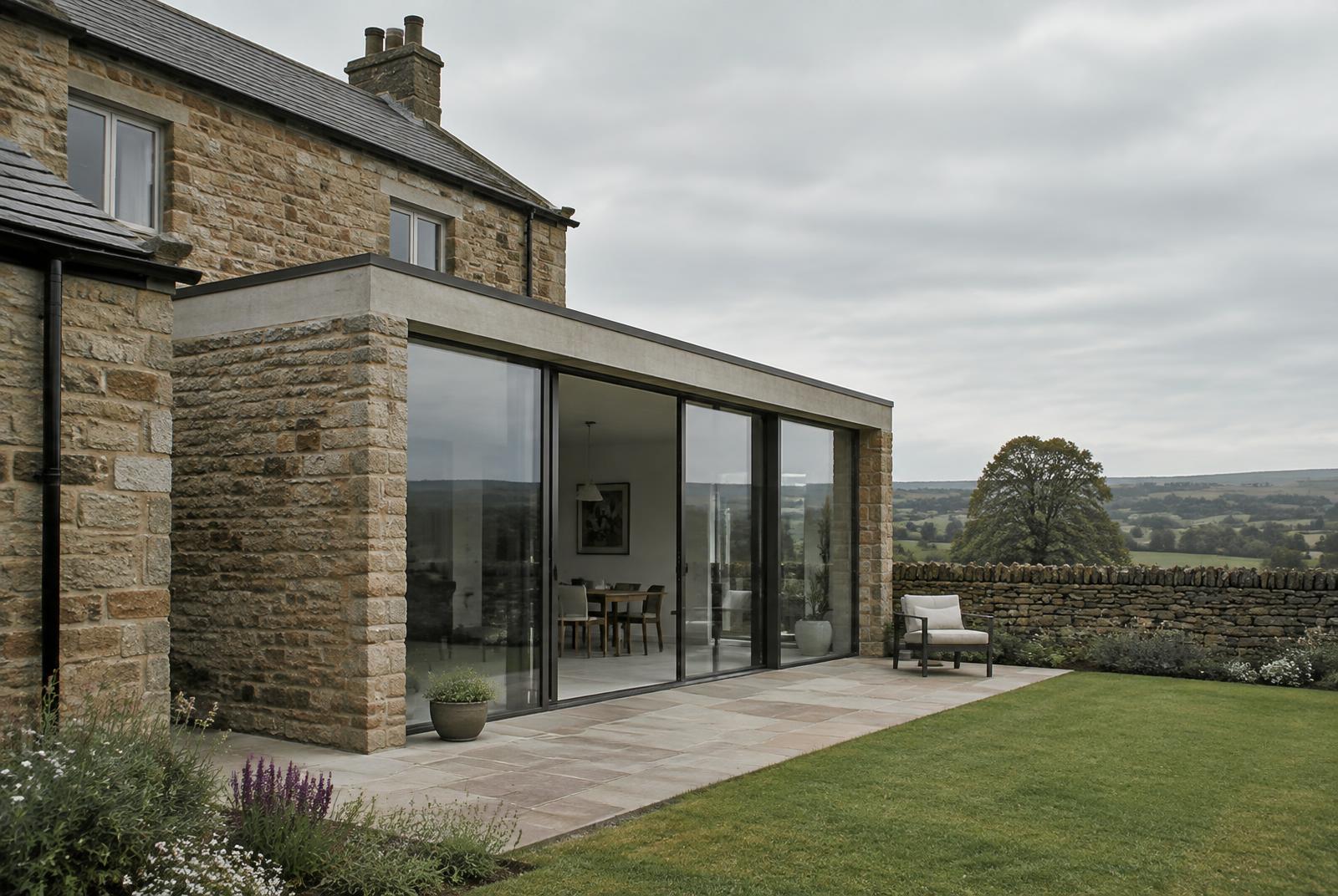 Stone extension with floor-to-ceiling aluminium sliding doors