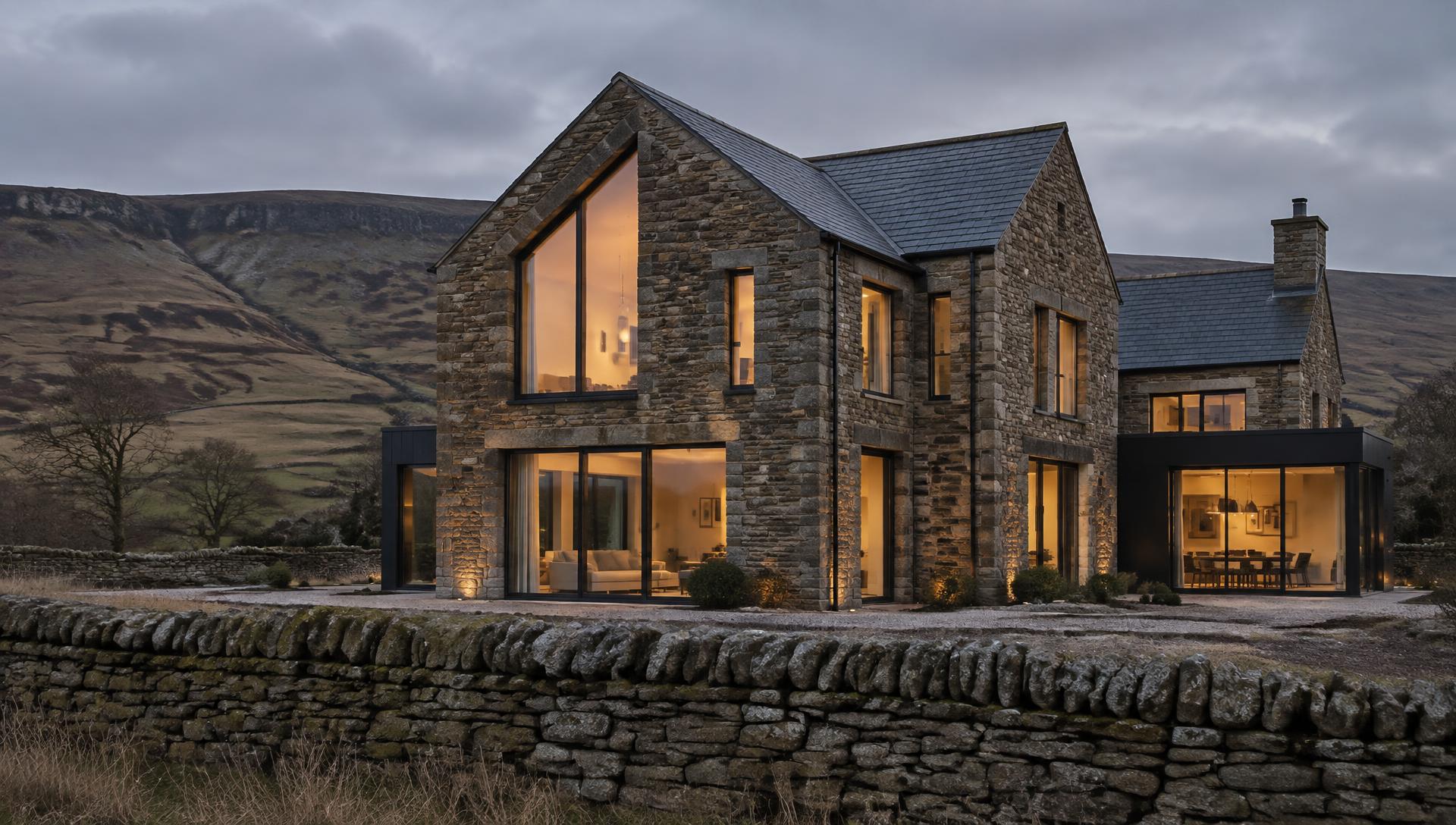 Yorkshire stone house with large dark-framed aluminium glazing at dusk
