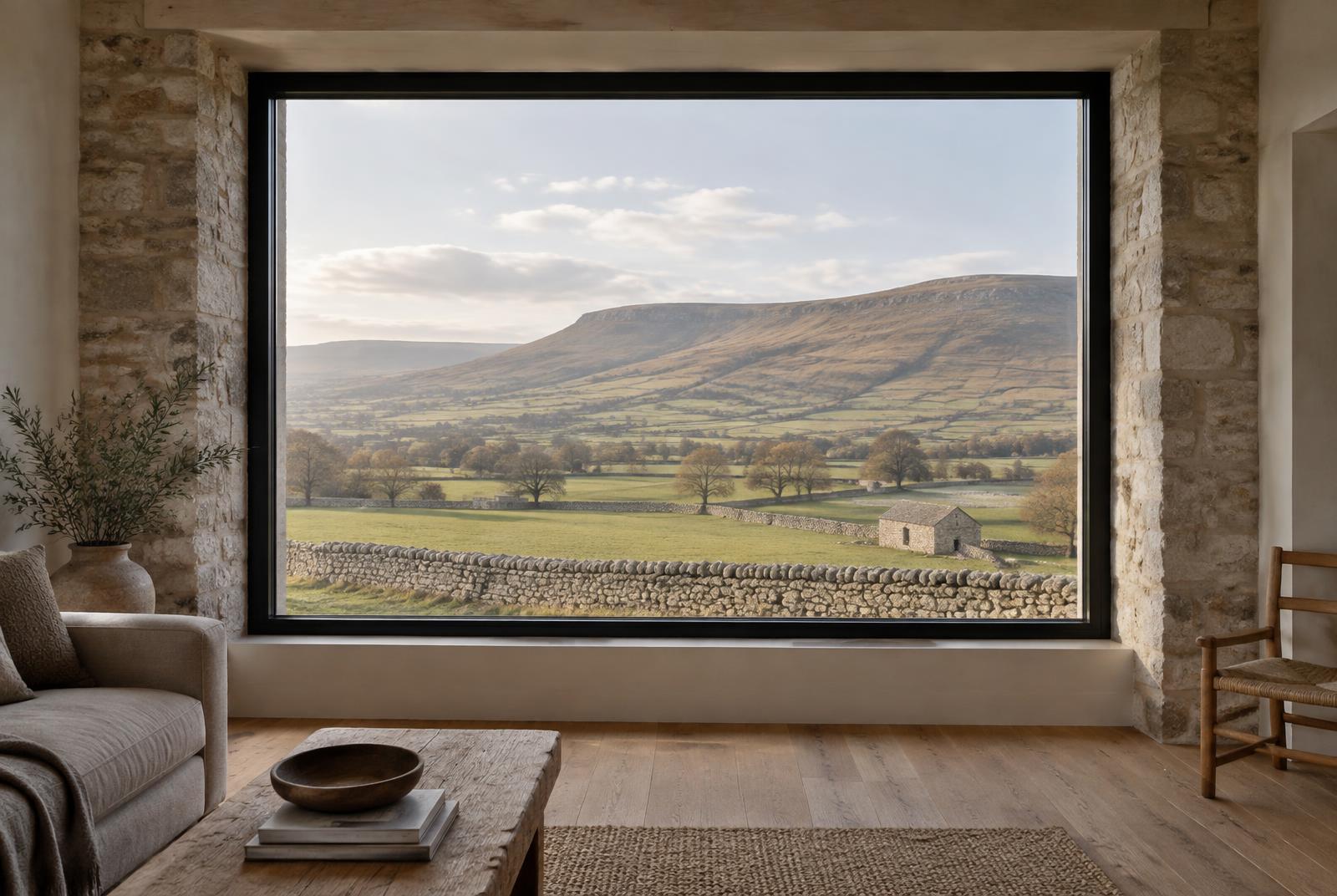 Large black-framed picture window in a limestone wall looking onto the Dales